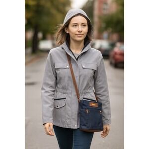 Croft & Barrow Women's L Nautical Rain‎ Jacket Blue/White Stripe Hood Lined Zip